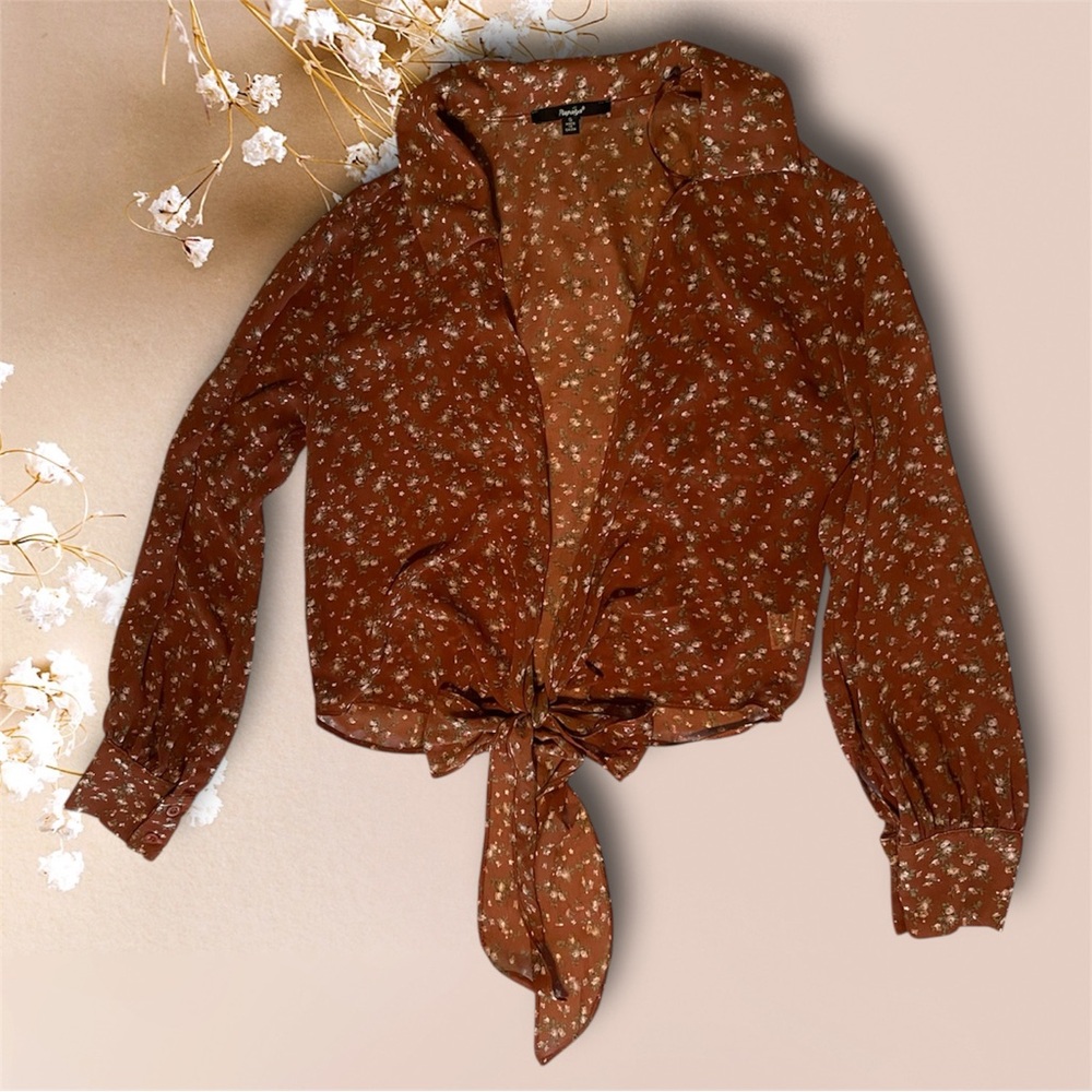 Papaya Rust Brown Floral Tie-Front Blouse